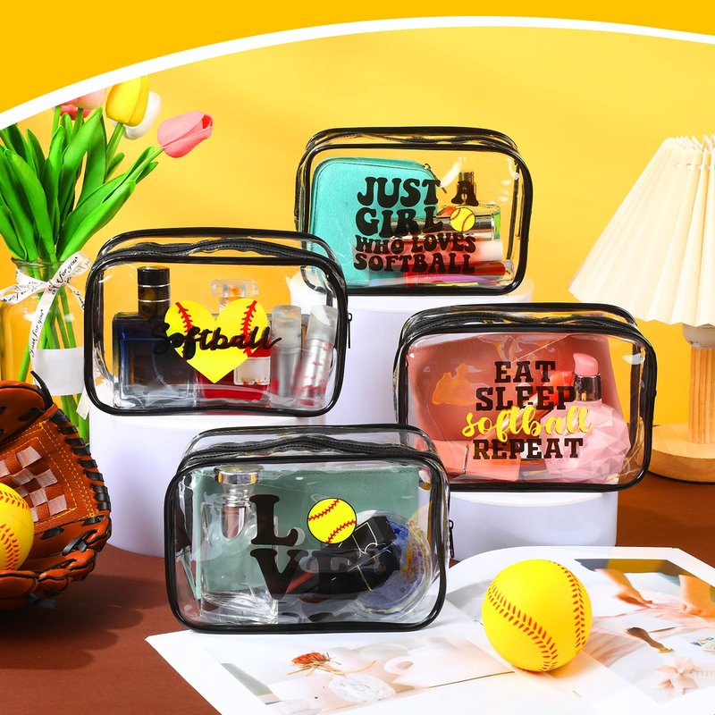 Reginary 12 Pcs 7 x 4.7 x 2.4'' Softball Makeup Bag Softball Gifts for Team Clear PVC Softball Cosmetic Case Softball Goodie Bag Stuffers Accessories for Woman Toiletry Zipper Pouch Team Party Favors