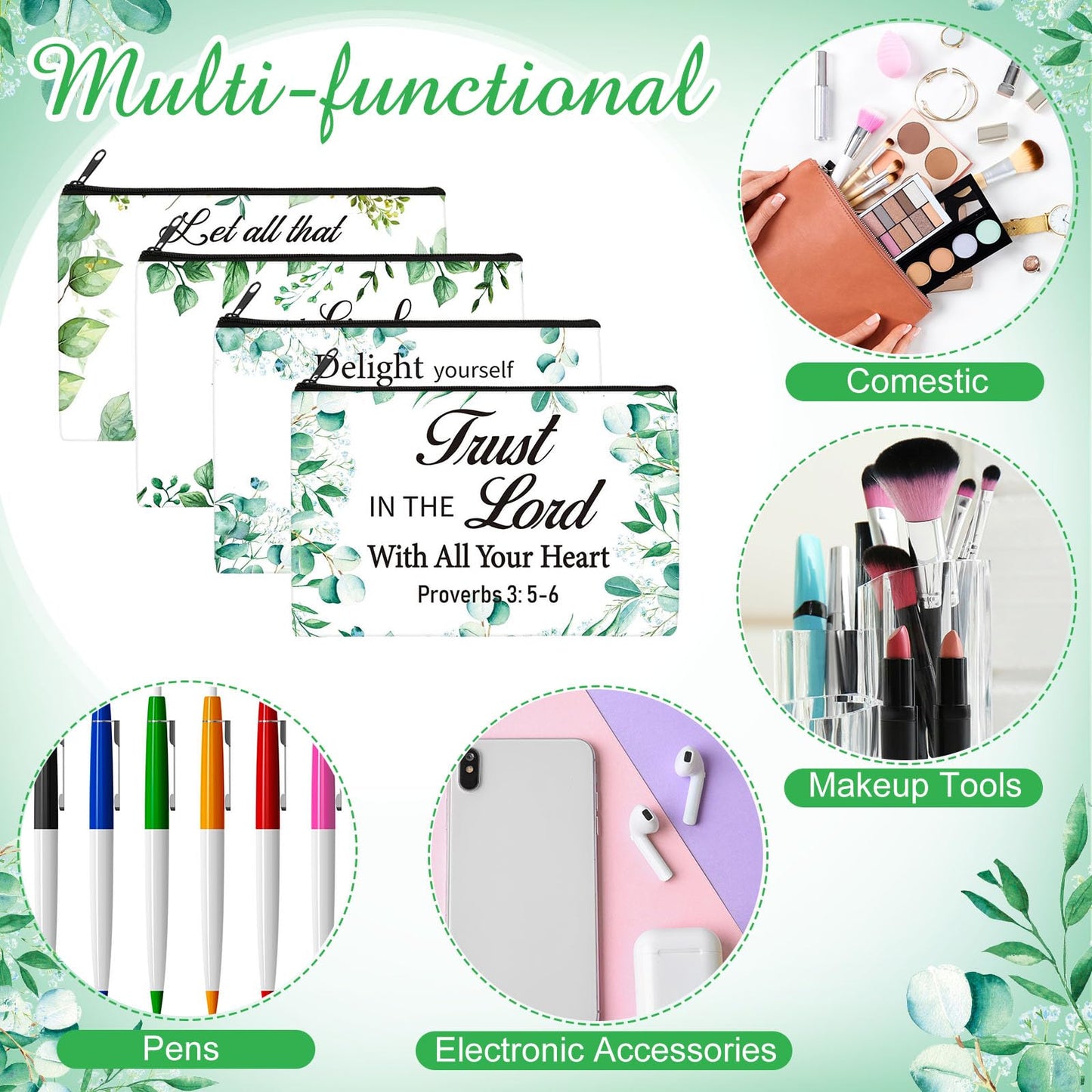 Hillban 36 Pcs Christian Gifts for Women Christian Makeup Bag Bible Verse Cosmetic Bag Inspirational Pencil Case with Zipper Green Leaves Travel Organizer Pouch for Cosmetics Makeup Brushes, 12 Styles