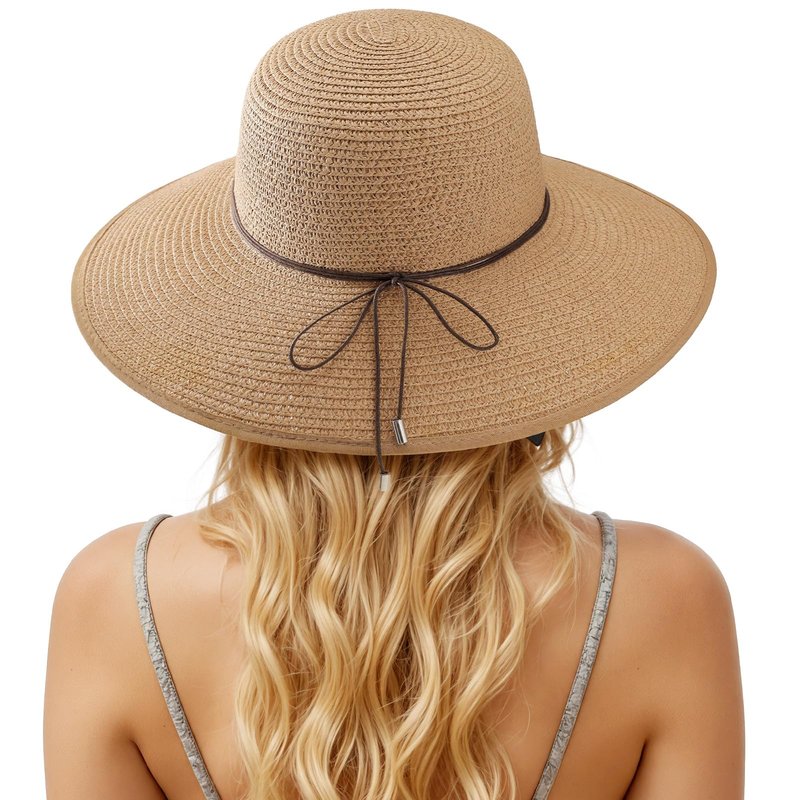 Sun Hats for Women, Straw Hats UPF 50+ UV Sun Protection, Wide Brim Packable Foldable Bowknot Womens Beach Hat for Summer Travel Khaki
