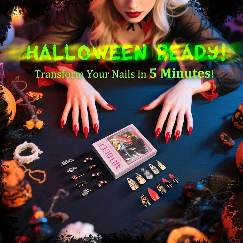 Artquee Halloween Press on Nails 4 Packs 96 Pcs Short Square False Tips with Pumpkin Haunted House Ghost Designs Reusable Fake Stick on Nails Kit for Women - 12 Sizes