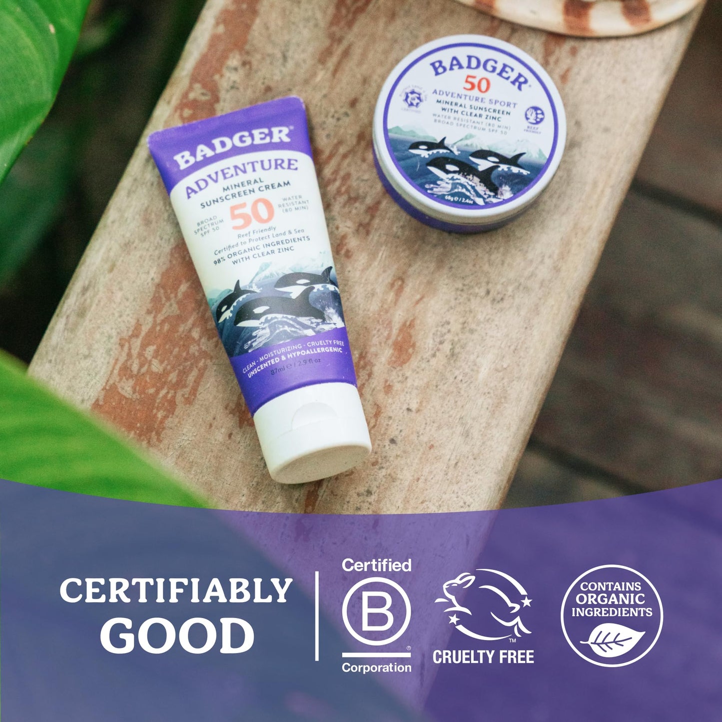 Badger Reef Safe Mineral Sunscreen, SPF 50, 98% Organic with Zinc Oxide, Non Toxic, Water Resistant, Unscented & Hypoallergenic, Broad - Spectrum, For Adventure, Travel & Sport, 2.4 oz Tin