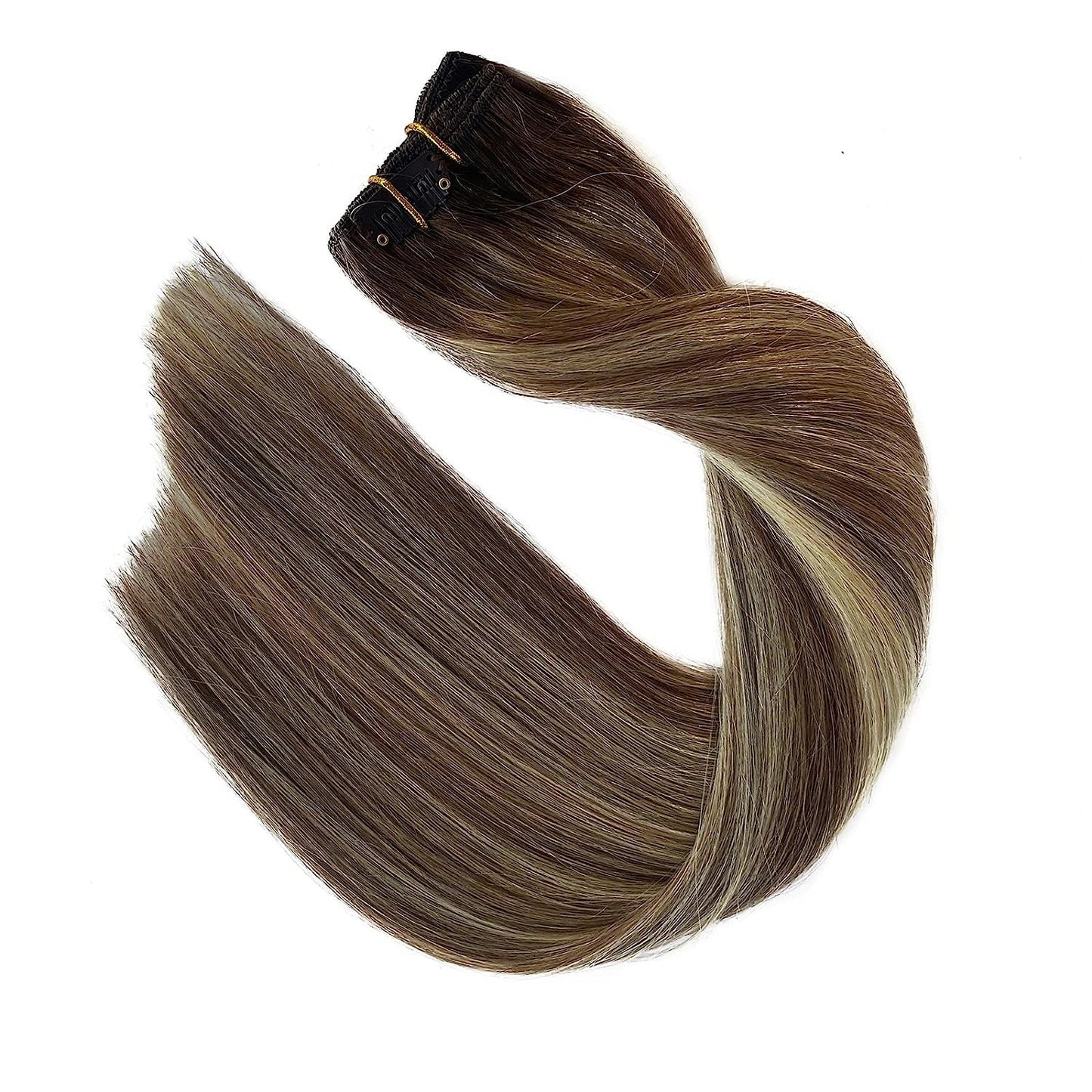 Human Hair Clip in Extensions Brown to Blonde Balayage Clip ins Extensions Remy Human Hair 16 Inch Clip on Extension Bleach Blonde Highlights Hair Extensions for Women Clip in 7Pcs 70g