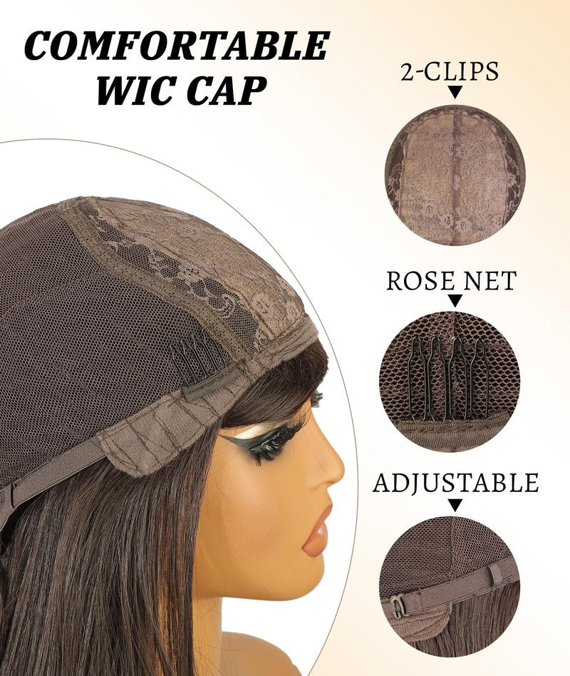 ENTRANCED STYLES Brown Wig With Bangs 26 Inch Long Straight Wigs for Women Dark Brown Layered Hair Synthetic Heat Resistant Hair for Daily Party Use