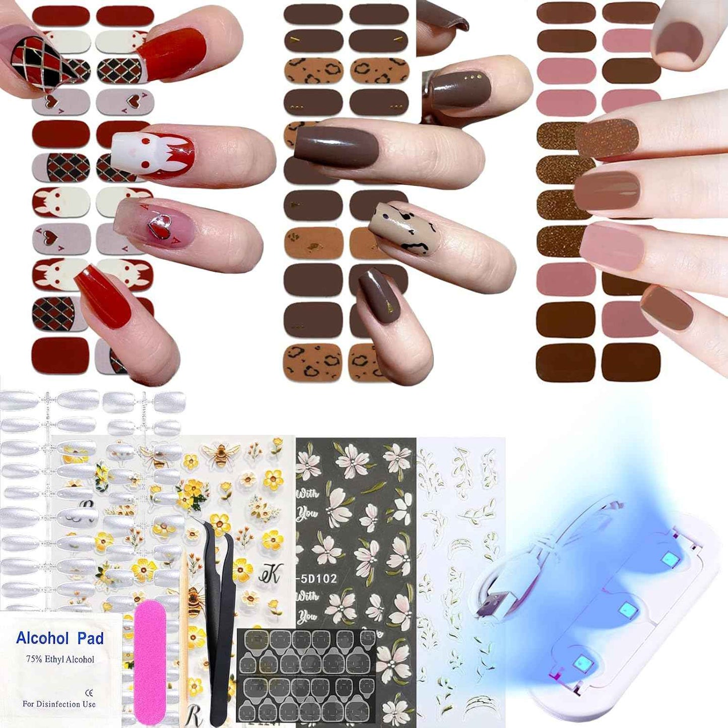 Nail Wraps Art Stickers for Coffin & Ballerina Nails - Glitter & Leopard Designs