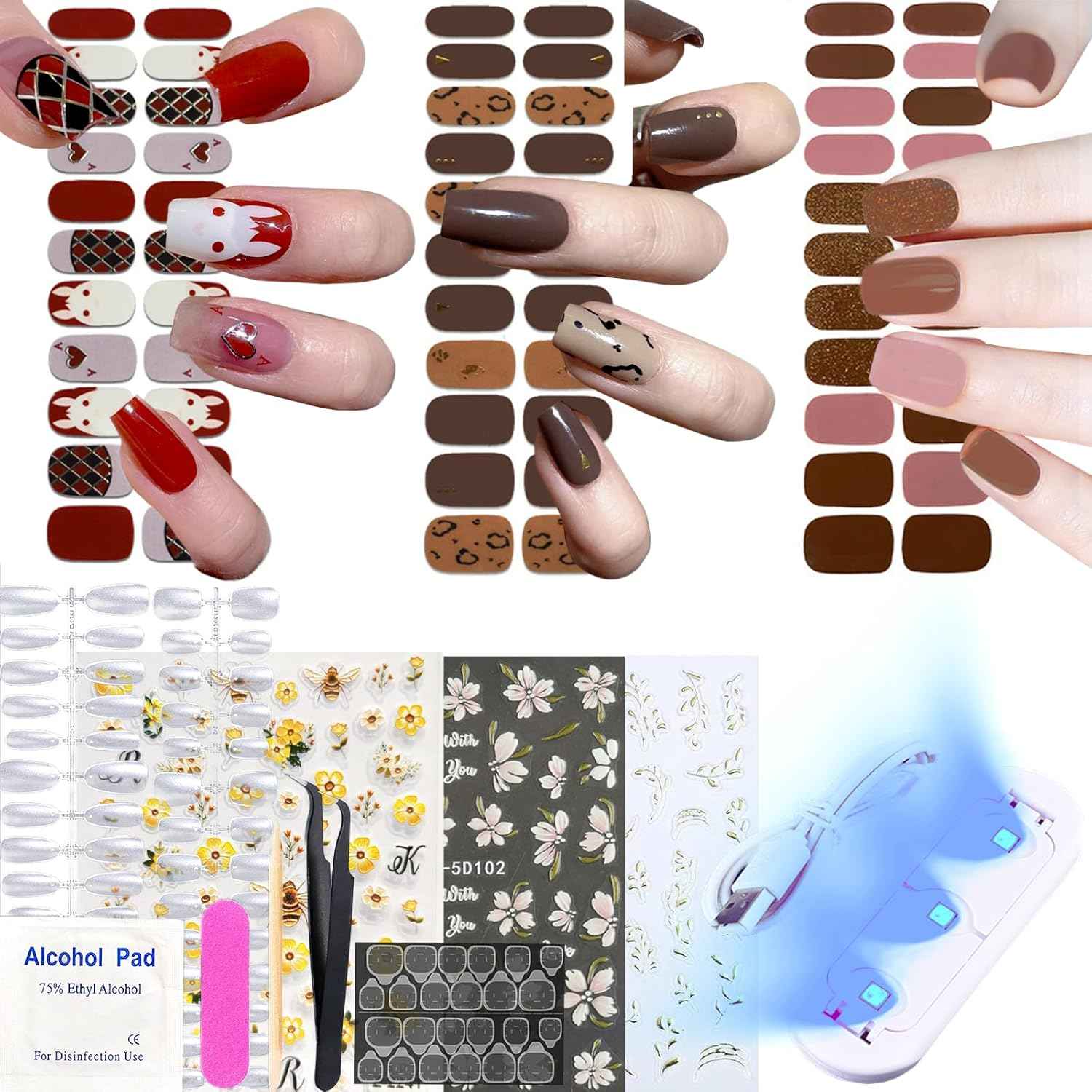 Nail Wraps Art Stickers for Coffin & Ballerina Nails - Glitter & Leopard Designs
