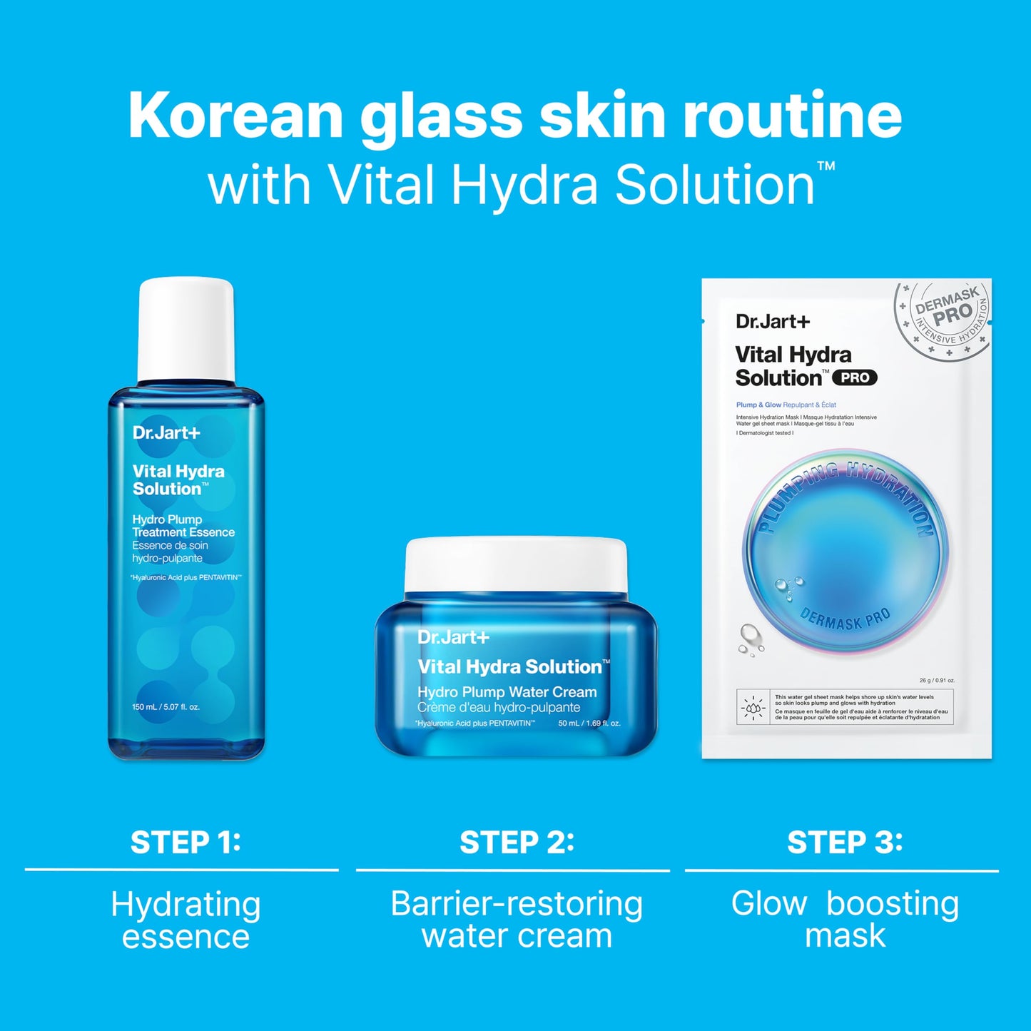 Dr.Jart+ Dermask Vital Hydra Solution Glow Korean Face Mask with Hyaluronic Acid for Glass Skin | Sheet Mask | Gifts for Women | Korean Skin Care, 5 Pack