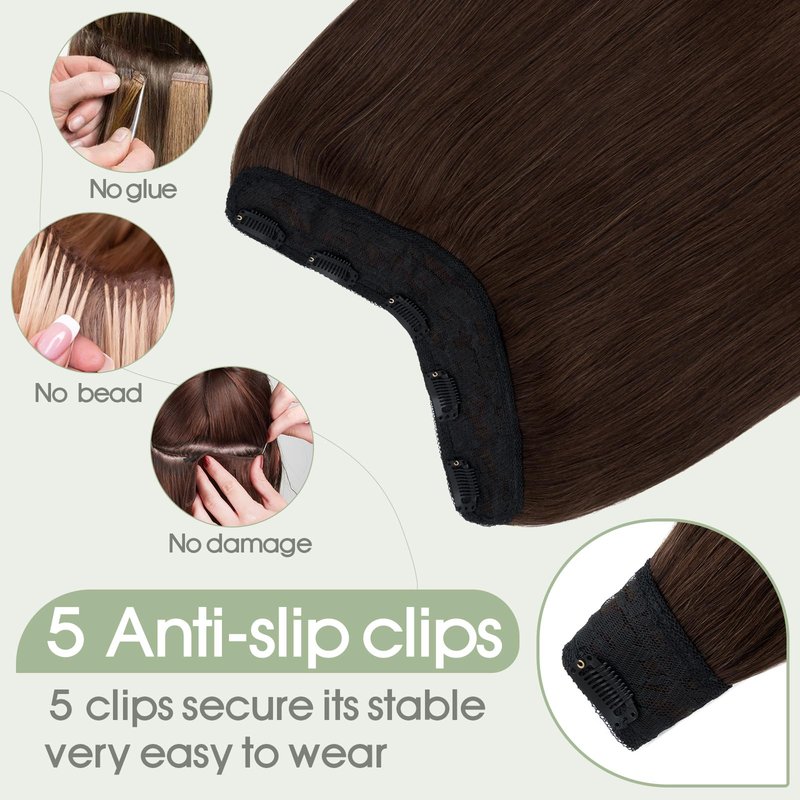 S-noilite One Piece Clip in Hair Extensions - Human Hair, 3/4 Full Head V Part Weft With 5 Clips, Thicker Lace Net (14"-50g, #04 Medium Brown)