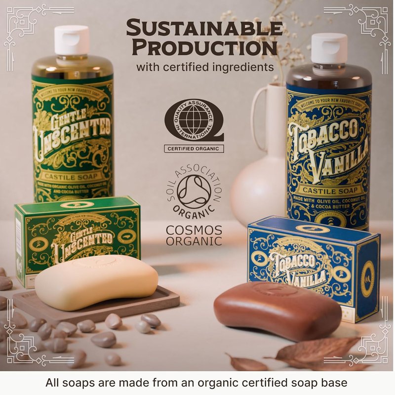 Castile Soap Bar for Sensitive Skin - Natural Olive Oil & Cocoa Butter | Vegan Tobacco Vanilla Scent, 5 oz