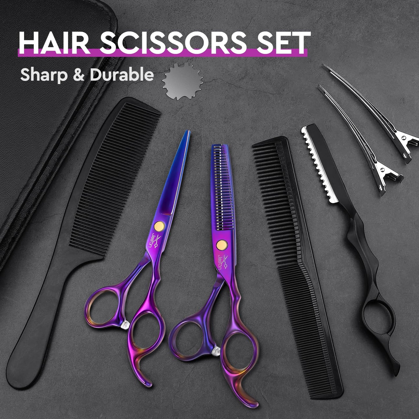JASON Hair Cutting Scissors Professional - 10 PCS Haircut Scissors Set, Thinning Shears for Hair Cutting with 30 Teeth, Straight Shears for Men Women Home Salon Barber Purple