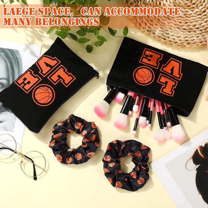 Moukeren 24 Basketball Stuff Set Cosmetic Bags Sport Makeup Bags Pencil Storage Case Portable Satin Hair Scrunchies Elastic Hair Bands Basketball Gifts for Girl(Black,Elegant Style)