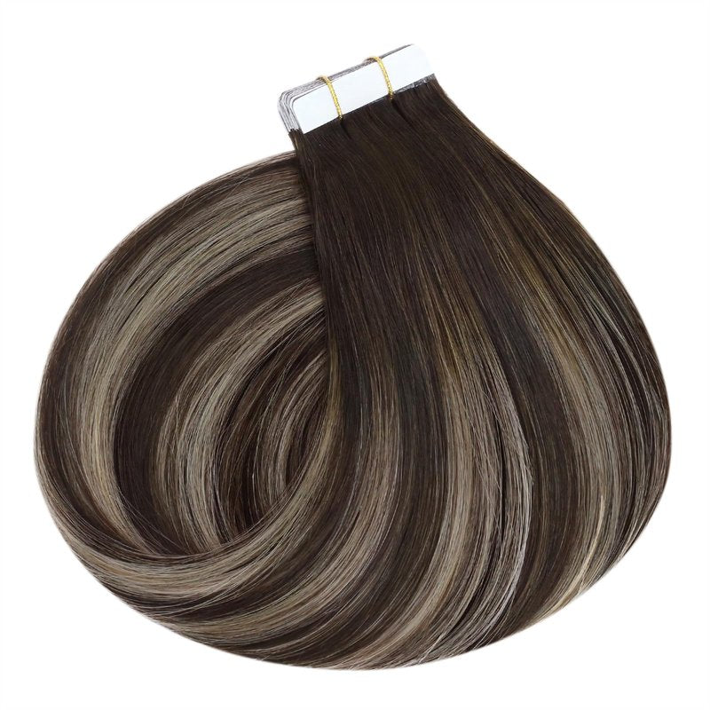 Ugeat 18 Inch Tape in Hair Extensions Human Hair Balayage Invisible Tape in Human Hair Extensions Ombre Dark Brown with Ash Blonde Hair Extension Tapes ins Easy to Use for Women 20Pcs 50G
