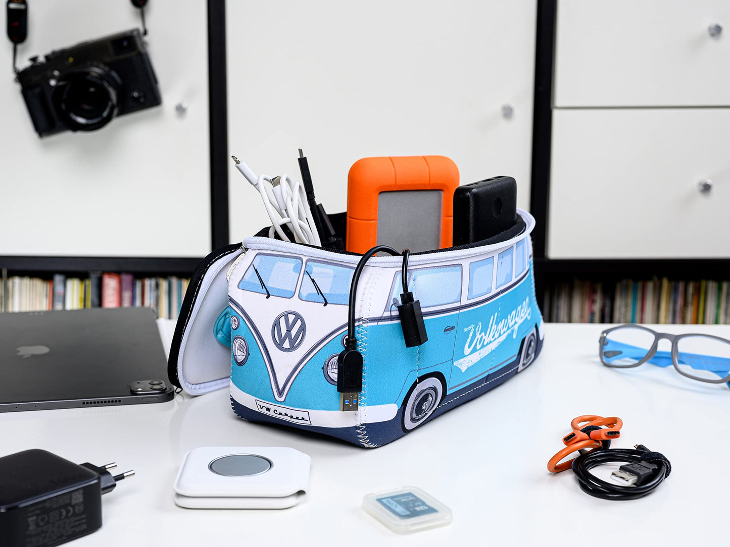 BRISA VW Collection - Volkswagen Neoprene Universal Makeup Cosmetics Toiletry Travel Pharmacy Bag in T1 Bus Design (Turquoise) (Large (11.8 x 5.5 x 4.7 inches))