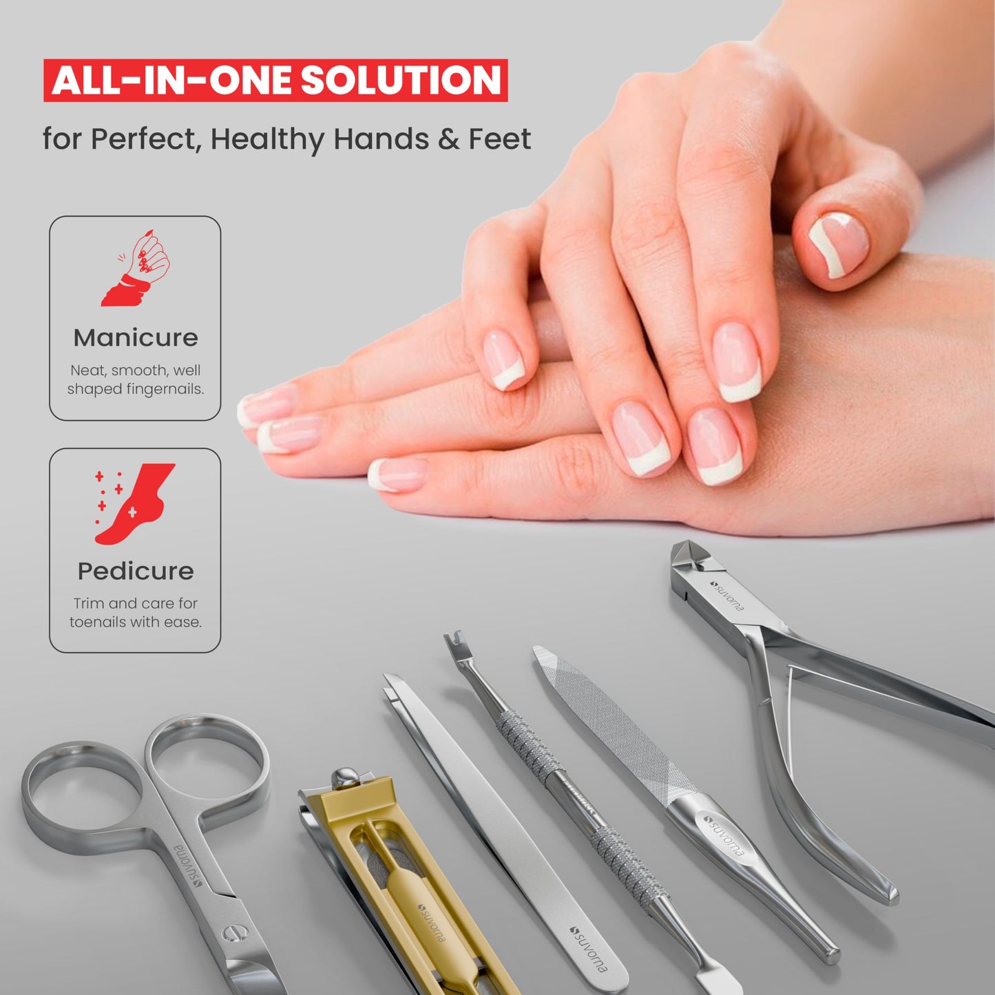 Suvorna Manicure kit with Cuticle Nippers, Nail Clippers, Nail Scissors, Cuticle Pusher, Nail File & Tweezer - Made with Stainless Steel - Nail Care kit for women, men, seniors, adults. (Red, 6 Pcs)