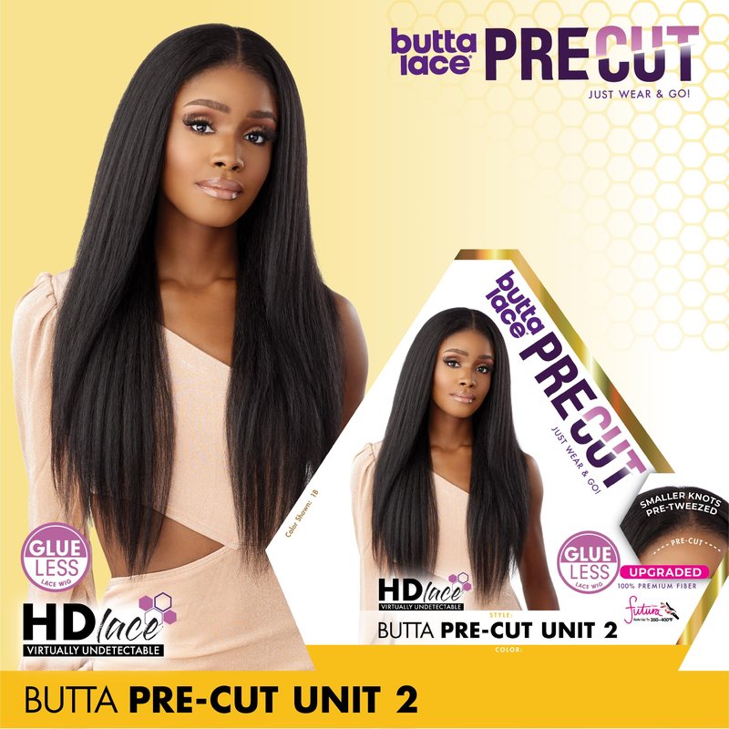 Sensationnel Butta Lace Precut Wigs - Unit 2 Glueless Extra Wide 5 Inch Deep Parting Synthetic Pre Tweezed Smaller Knot Hairline (1B OFFBLACK)