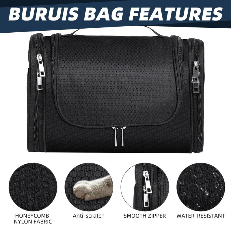 Buruis Hanging Toiletry Bag for Women and Men, Large Water-Resistant Makeup Organizer with Sturdy Hook, Lightweight Nylon Dopp Kit for Full-Sized Toiletries & Cosmetics, Black