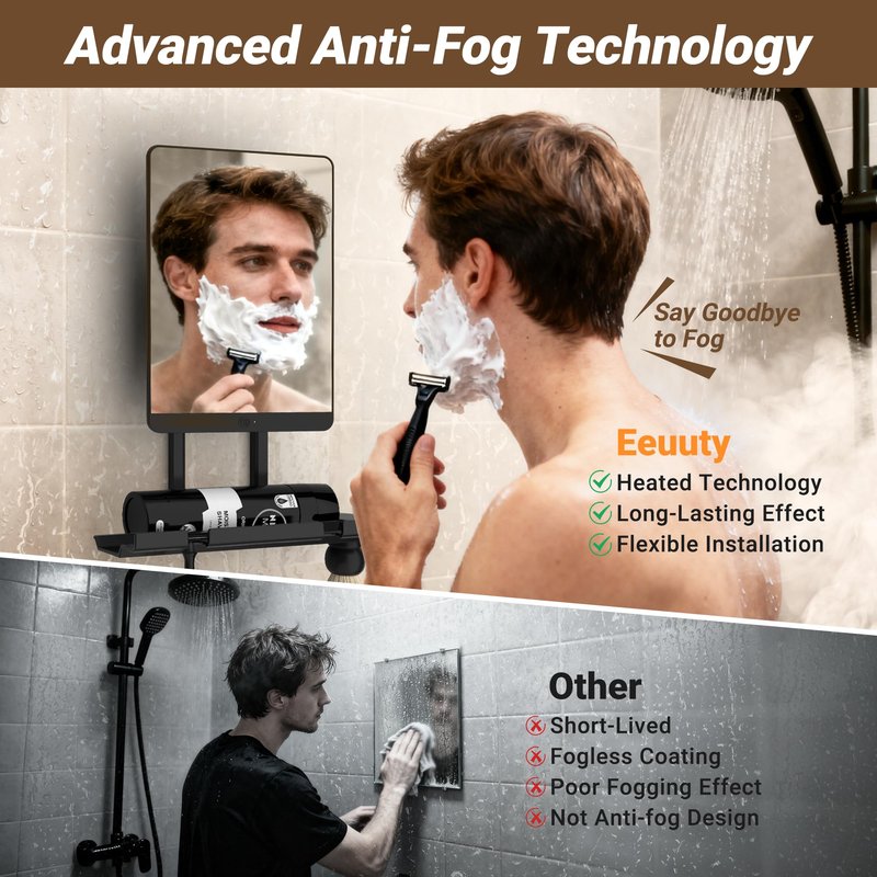 Toollygozz Heated Fogless Shower Mirror for Shaving, 5000mAh Long-Lasting Anti-Fog Shower Mirror with 360° Rotating Design & Razor Holder, Fog-Free Shaving Mirror for Men (Black)