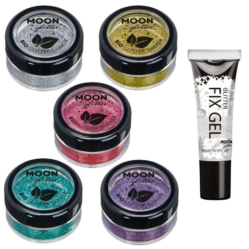 Biodegradable Eco Glitter Shakers by Moon Glitter - 100% Cosmetic Bio Glitter for Face, Body, Nails, Hair and Lips - 5g - Set of 5 - plus Glitter Fix Gel