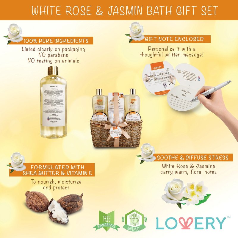 Home Spa Gift Basket - White Rose & Jasmine - Luxurious 11pc Bath & Body Set for Men & Women, Contains Shower Gel, Bubble Bath, Body Lotion, Scrub, Bath Salt, 4 Bath Bombs, Loofah & Basket