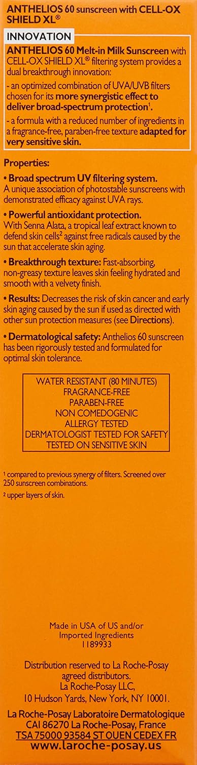 La Roche-Posay Anthelios Melt-In Milk Sunscreen SPF 60 | Lightweight, Oil-Free, Fast-Absorbing Formula for Body & Face