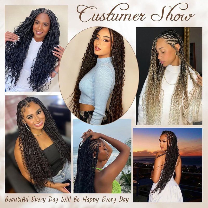 Vustbeauty 30 Inch Boho Box Braids - Synthetic Crochet Hair Extensions with Curly Ends | 9 Packs, Color 1B