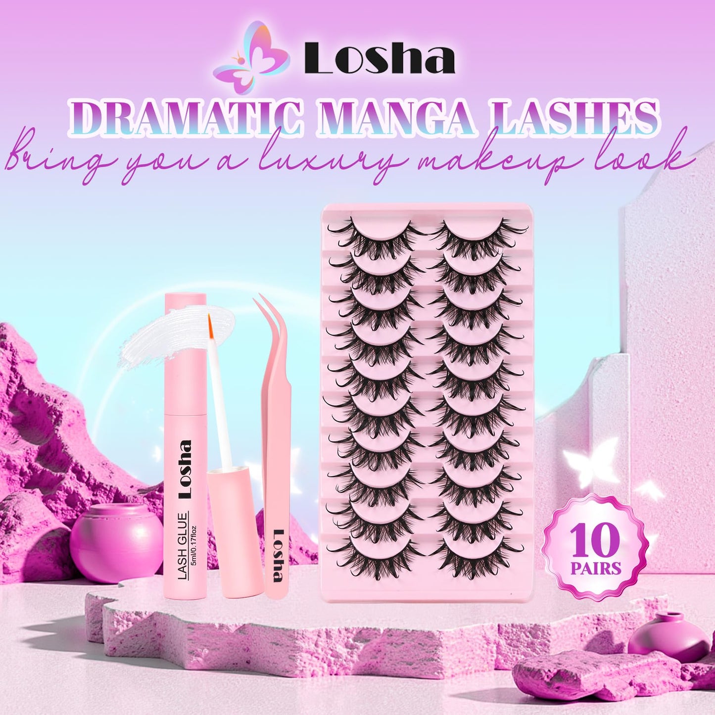 Losha Lashes Kit Manga Lashes Wet Look Dramatic False Eyelashes (Daring)