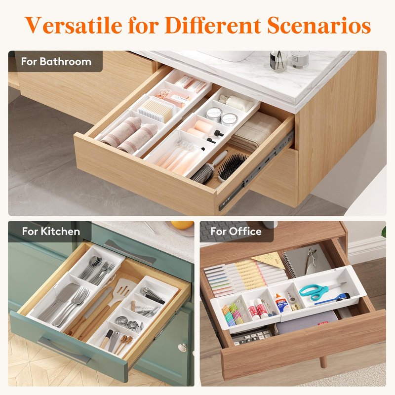 Lifewit Sliding Makeup Drawer Organizer, Fits 13-20" Deep Drawers, Extendable Hanging Divider, 1.8" High Plastic Tray for Vanity, Office, Kitchen, Translucent, 2Pcs