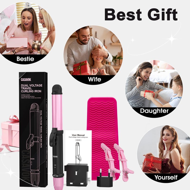 Dual Voltage Curling Iron for Travel,110V-240V Curling Iron 1 inch with European Plug Adapter,2 in 1 Hair Straightener and Curler(Pink)