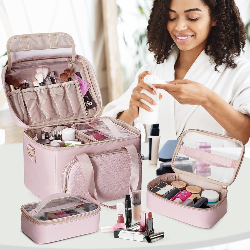 Prokva Travel Makeup Bag with 2 Pouches and Adjustable Dividers, Large Cosmetic Case Make up Organizer for Women Fits Bottles Vertically, Pink (Patented Design)