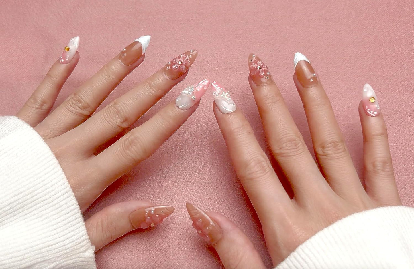 3D Sea Shell Press-On Nails - Handmade Medium Almond Beach Nail Art with Butterflies (L Size)
