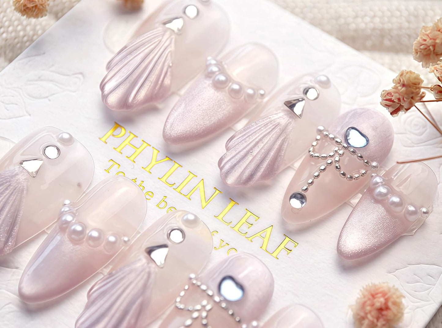 3D Sea Shell Press-On Nails - Handmade Medium Almond Beach Nail Art with Butterflies (L Size)