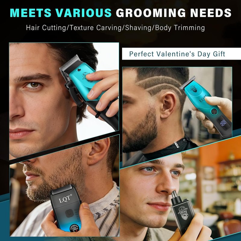 Men's Hair Clippers Kit - 4-in-1 Grooming Set with Nose Trimmer & Electric Shaver | Wireless USB Rechargeable, Blue Ombre Design