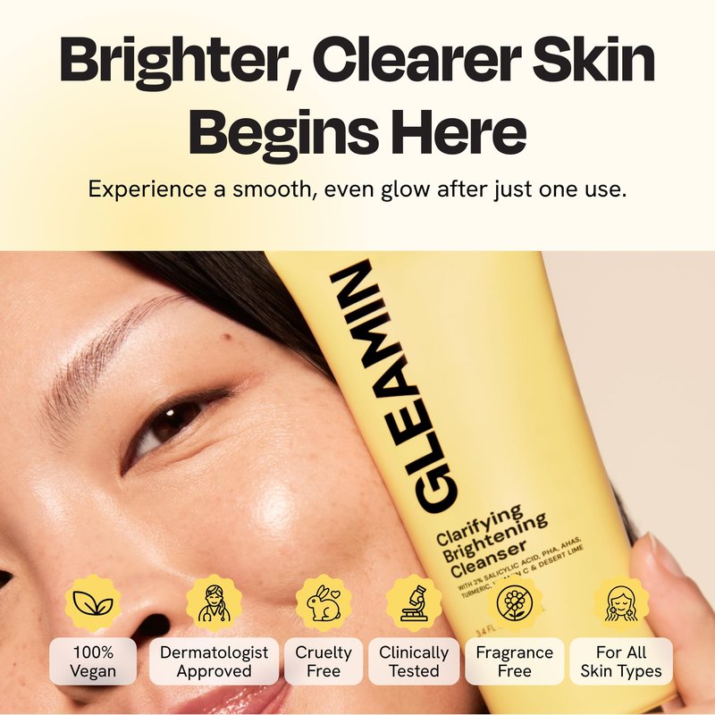 Gleamin Clarifying Brightening Cleanser - 2% Salicylic Acid with Vitamin C Facial Cleanser, PHA & AHA, Unclogs Pores, Gently Exfoliates for All Skin Types, Fragrance Free - 3.4 fl oz