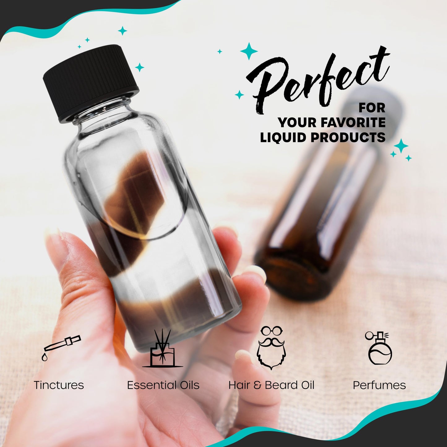 Nevlers Clear 2 Oz Glass Bottles with Lids 48 Pack | 59mL Juice Shot Bottles with Caps for Immunity & Wellness Shots, Ginger, Vanilla Extract, Perfume | Leakproof Travel Shot Bottle Set w/Accessories