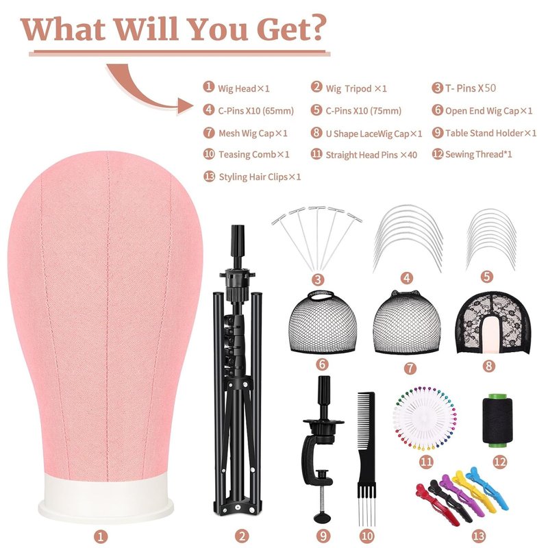 63-Inch Tall Wig Stand Tripod with 22-Inch Mannequin Head | Adjustable Holder & Wig Caps Kit for Styling Multiple Wigs