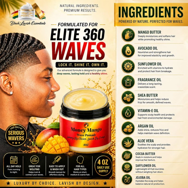 360 Wave Pomade for Men - Ultra-Smooth, Strong Hold & Shine | Shea & Mango Butter, 4oz