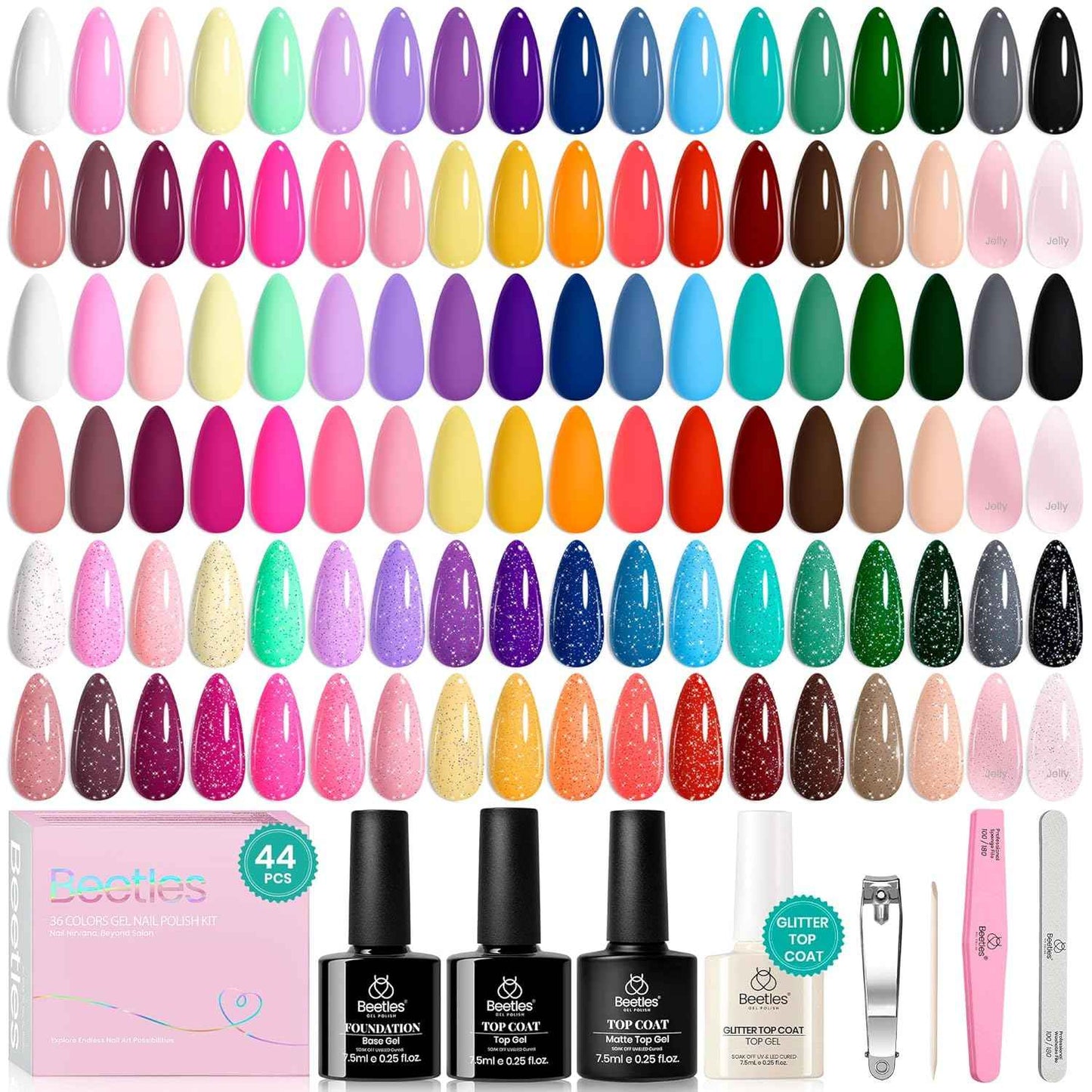 Beetles 44 PCS Gel Nail Polish Set - 36 Vibrant Colors with UV LED Nail Lamp for DIY Manicure