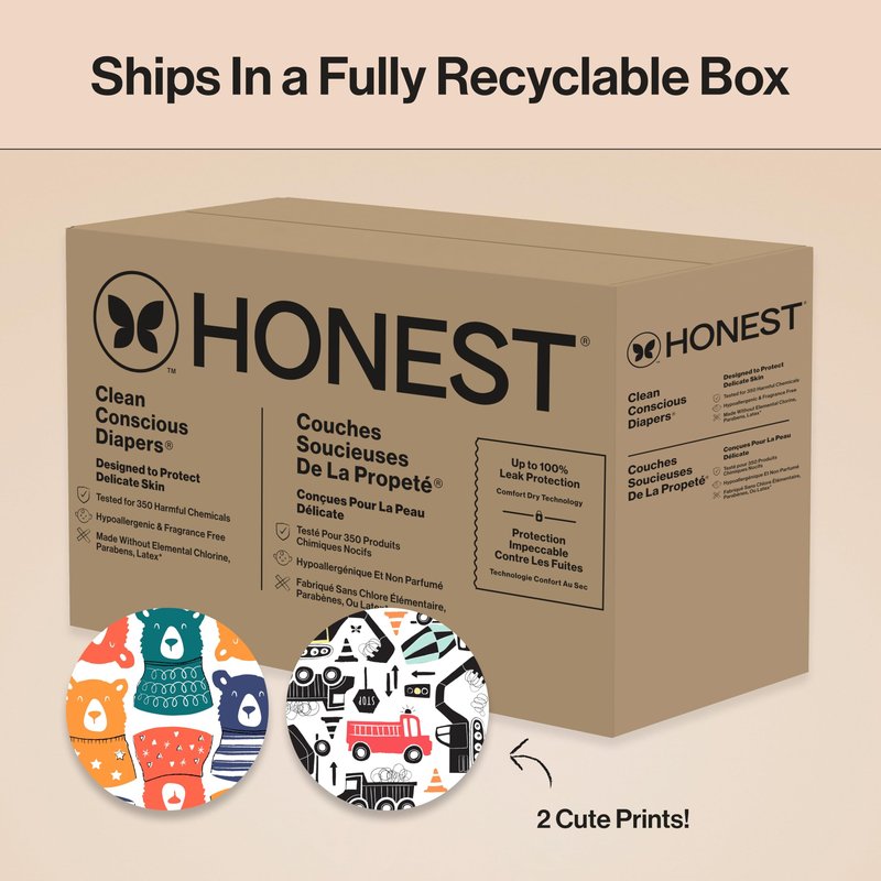The Honest Company Comfort Dry Disposable Daytime Diapers for Sensitive Skin, Hypoallergenic, Beary Cool + Big Trucks, Super Club Box Size 6 (35 lbs), 68 Count