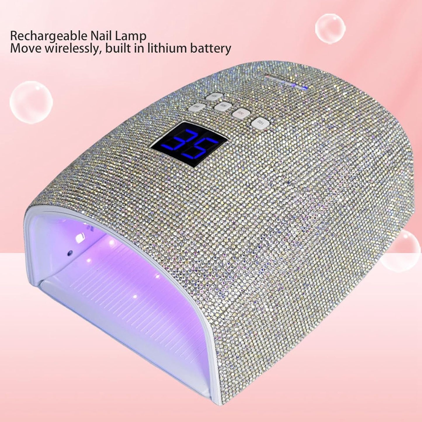 Rechargeable 66W Nail Lamp with Rhinestones - Gel Nail Light, 4 Timer Settings, Removable Tray