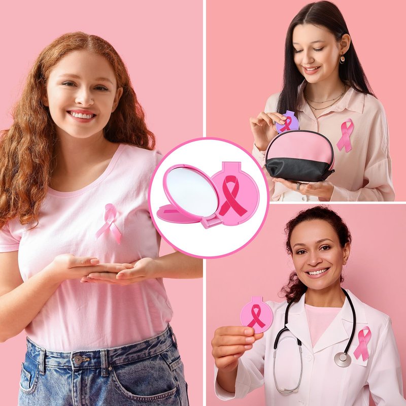 100pcs Breast Cancer Awareness Gifts for Women Pink Ribbon Mini Folding Makeup Mirror Bulk Round Pocket Portable Mirror Breast Cancer Awareness Accessories for Girls Survivor Party Favors Supplies