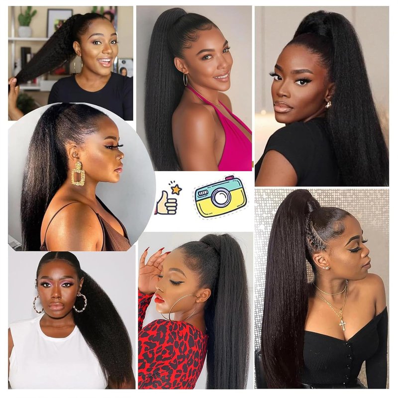 Yaki Straight Ponytail Extension, Wrap Around Ponytail Extension for Black Women, Yaki Human Hair Extension, Natural Black (Drawstring ponytail, 24 inch)