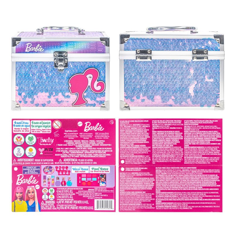 Barbie Makeup Set for Kids Girsl with Train Case, Includes Nail Polish, Lip Gloss and more, Kids Makeup Kit for Girls, Play Makeup, Party Favor, Birthday, For Kids Ages 3+, by Townley Girl