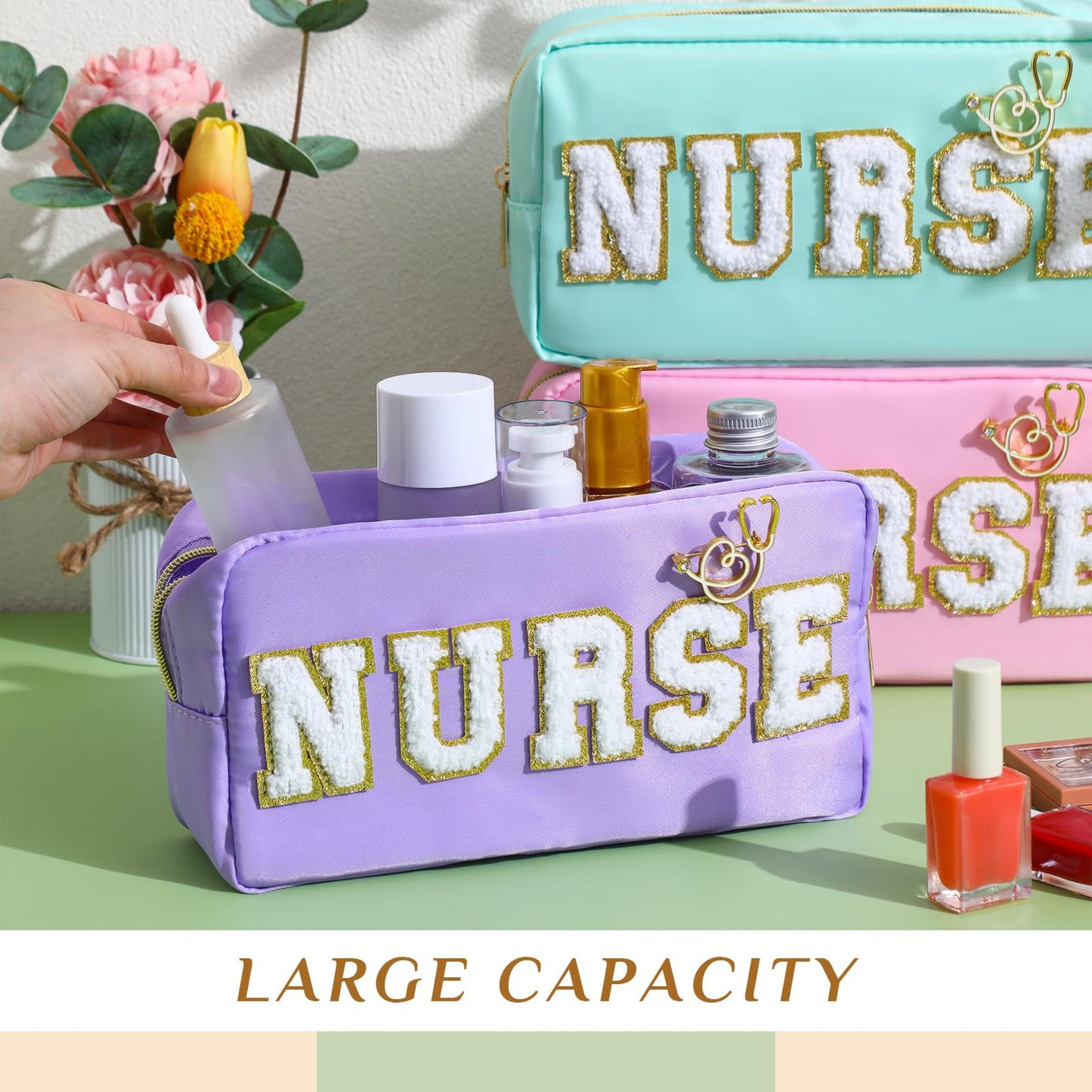 Kacctyen 6 Pcs Nurse Bags Bulk Nurses Week Appreciation Gifts Chenille Letter Makeup Bags Nurses Graduation Retirement Pouch with Gold Stethoscope Pin for Women Work Supplies