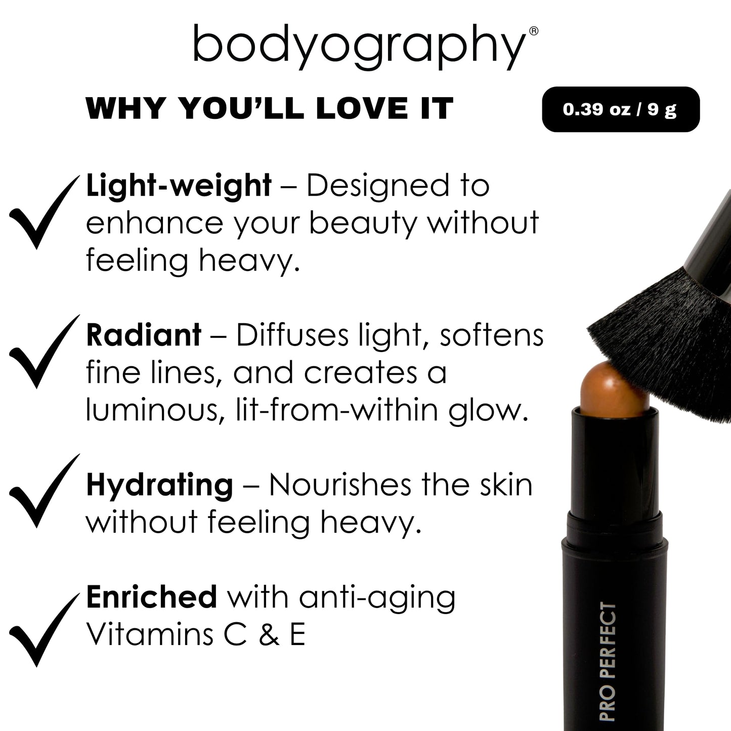 Bodyography Pro Perfect Foundation Stick - Demi-Matte Finish with A Natural Look - Enhancer for Concealing, Highlighting, and Contouring - Vitamin C & E (Wheat)