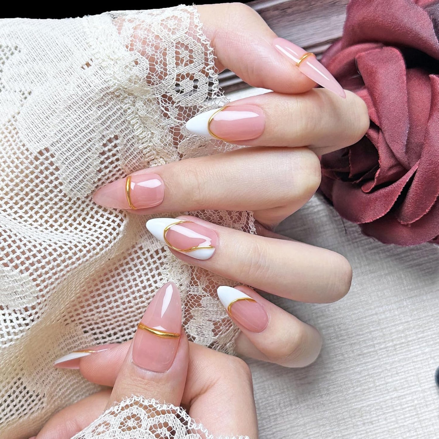 3D Sea Shell Press-On Nails - Handmade Medium Almond Beach Nail Art with Butterflies (L Size)