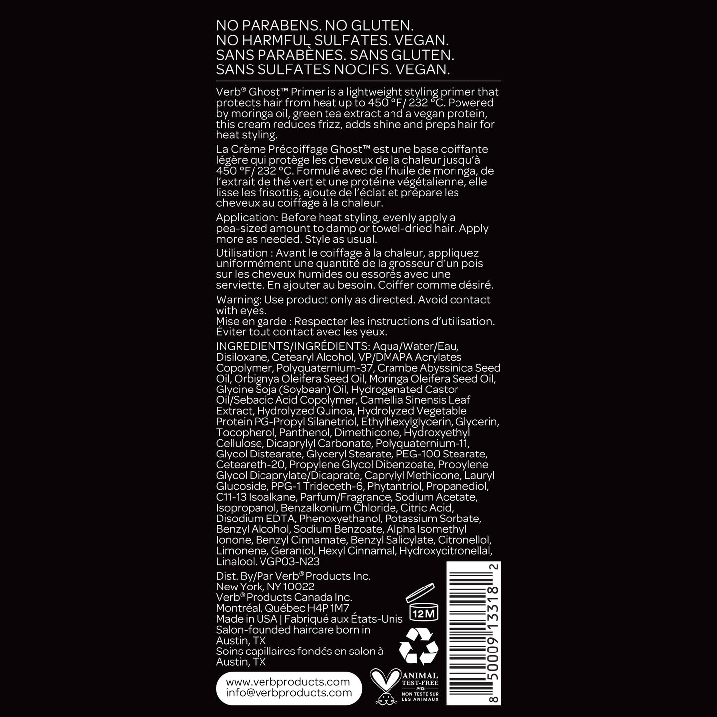 VERB Ghost Primer Heat Protectant, 4 fl oz - Infused with Moringa Oil - Frizz Control Styling Cream - Vegan, No Parabens or Harmful Sulfates