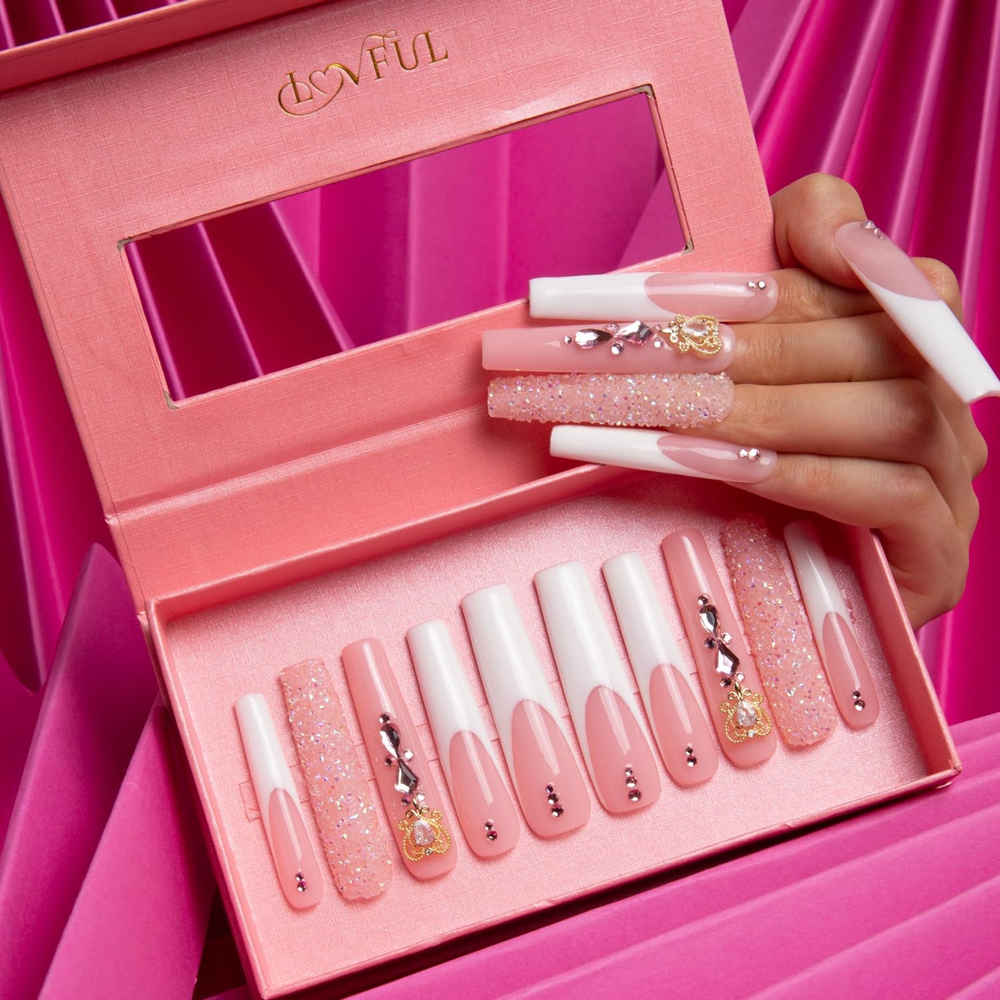 LOVFUL Press on Nails Sweet Elegance | Handmade with Full Covered Crystals | Reusable Fake Nails | Square Long 2.2 in | H34-M