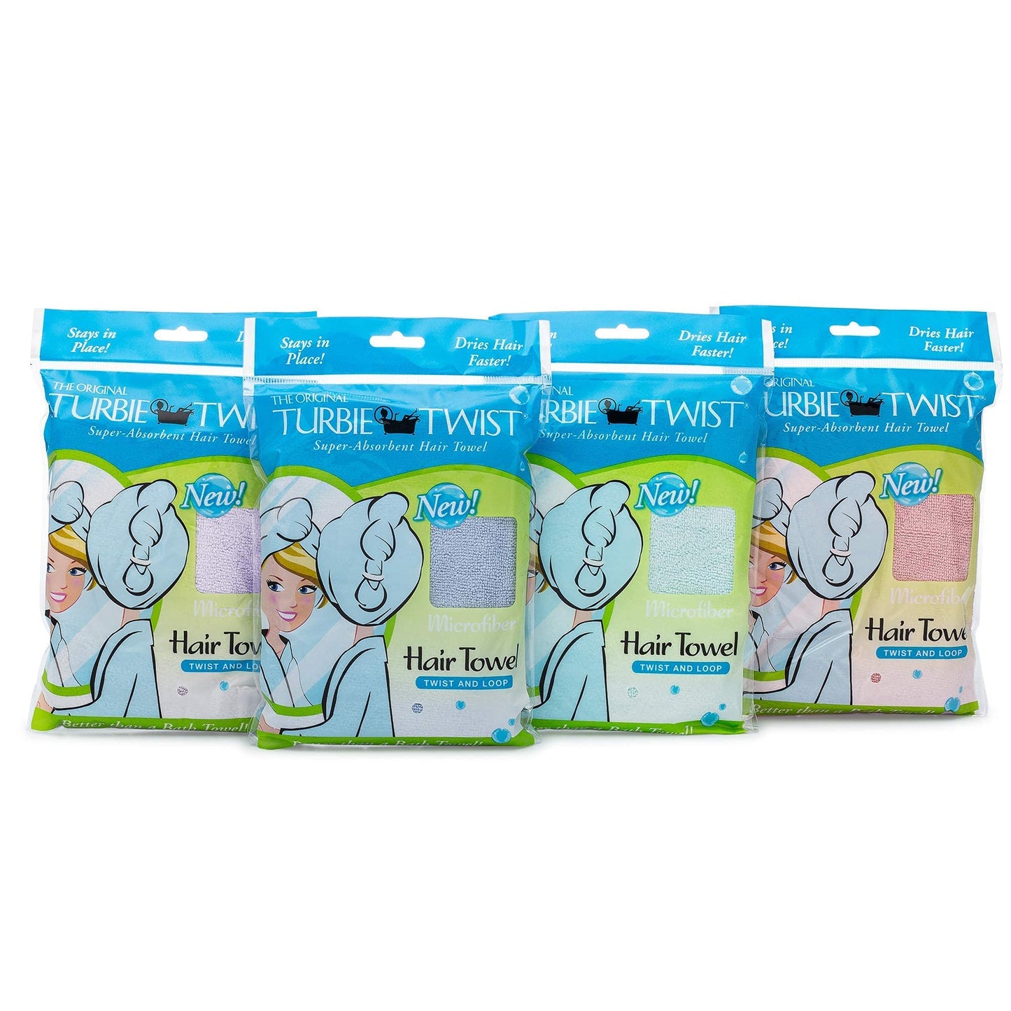 Turbie Twist 4-Pack Microfiber Hair Towel for Beauty, Travel, Gifting - Hair Wrap Turban for Straight, Wavy & Curly Hair - Premium Personal Care - Pink, Purple, Blue & Aqua