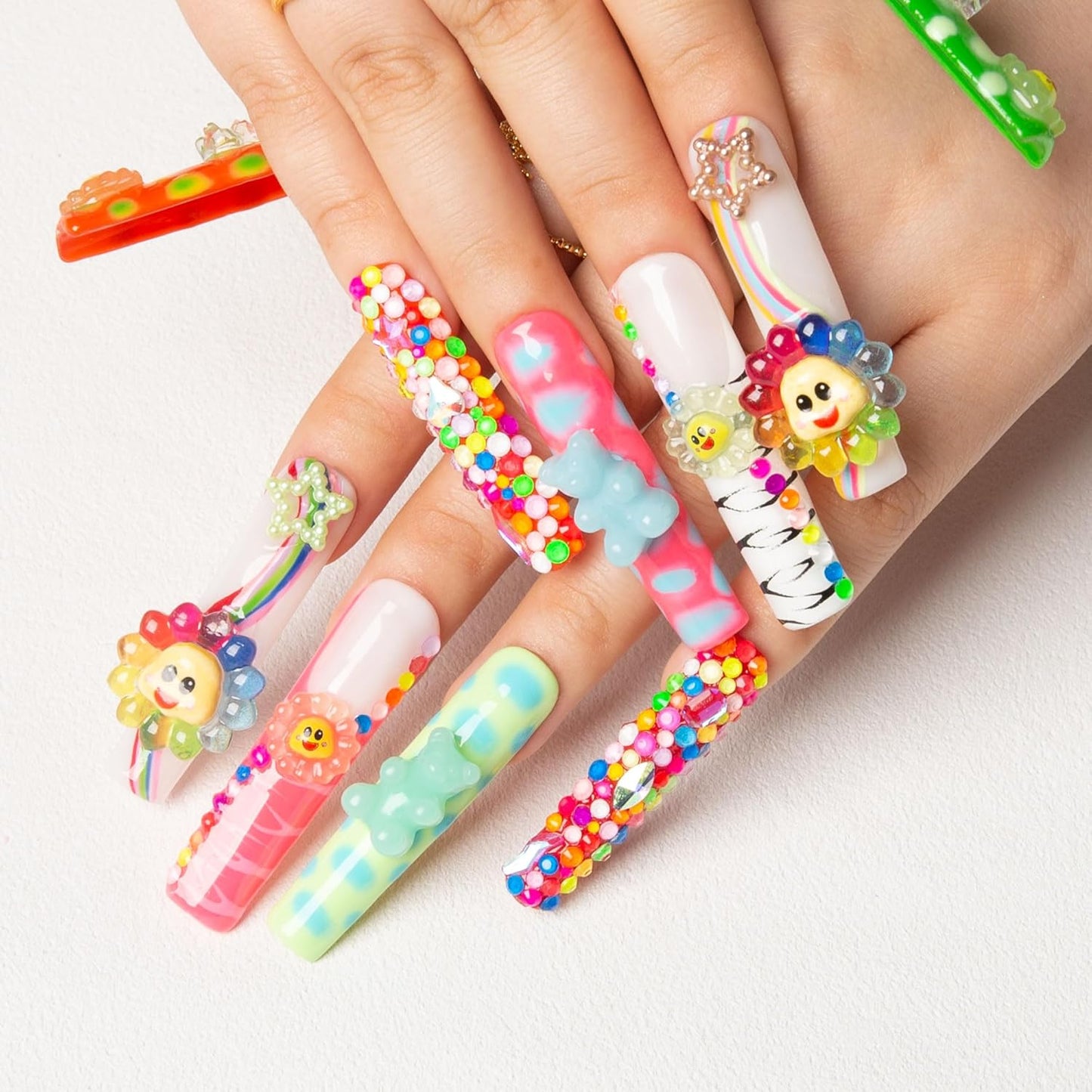 Colorful Handmade Press-On Nails with Lovkashi Flower Design | Reusable Long Square Acrylic Nails 2.2 in