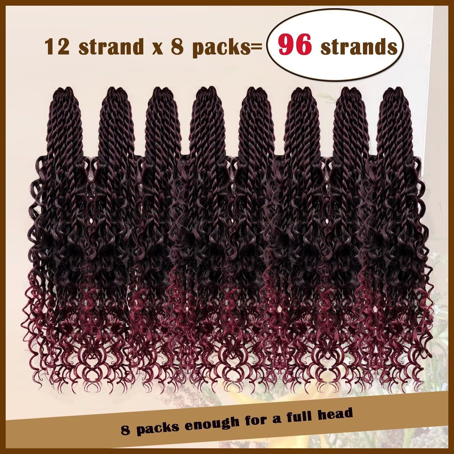 Boho Island Twist Crochet Hair 8 Packs 18 Inch Omber Burgundy Pre-Looped Goddess Senegalese Twist Crochet Hair with Curly Ends Boho Style Braids for Women T1B/BUG#