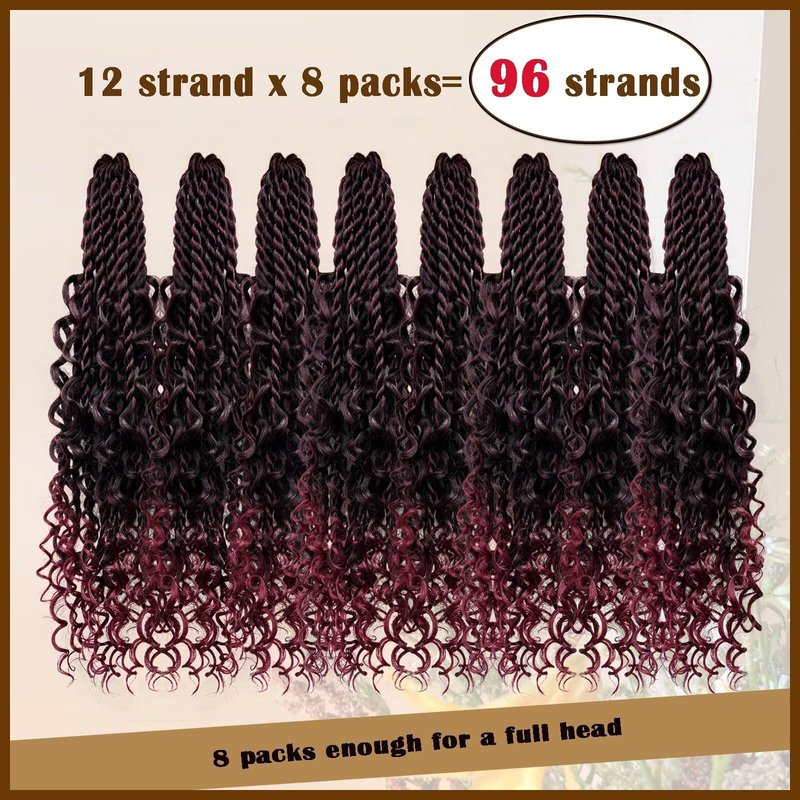 Boho Island Twist Crochet Hair 8 Packs 18 Inch Omber Burgundy Pre-Looped Goddess Senegalese Twist Crochet Hair with Curly Ends Boho Style Braids for Women T1B/BUG#